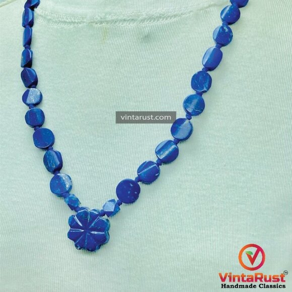 Lapis Lazuli Necklace, Handmade Beaded Pendant Necklace, Natural Blue Gemstone - Picture 3 of 10